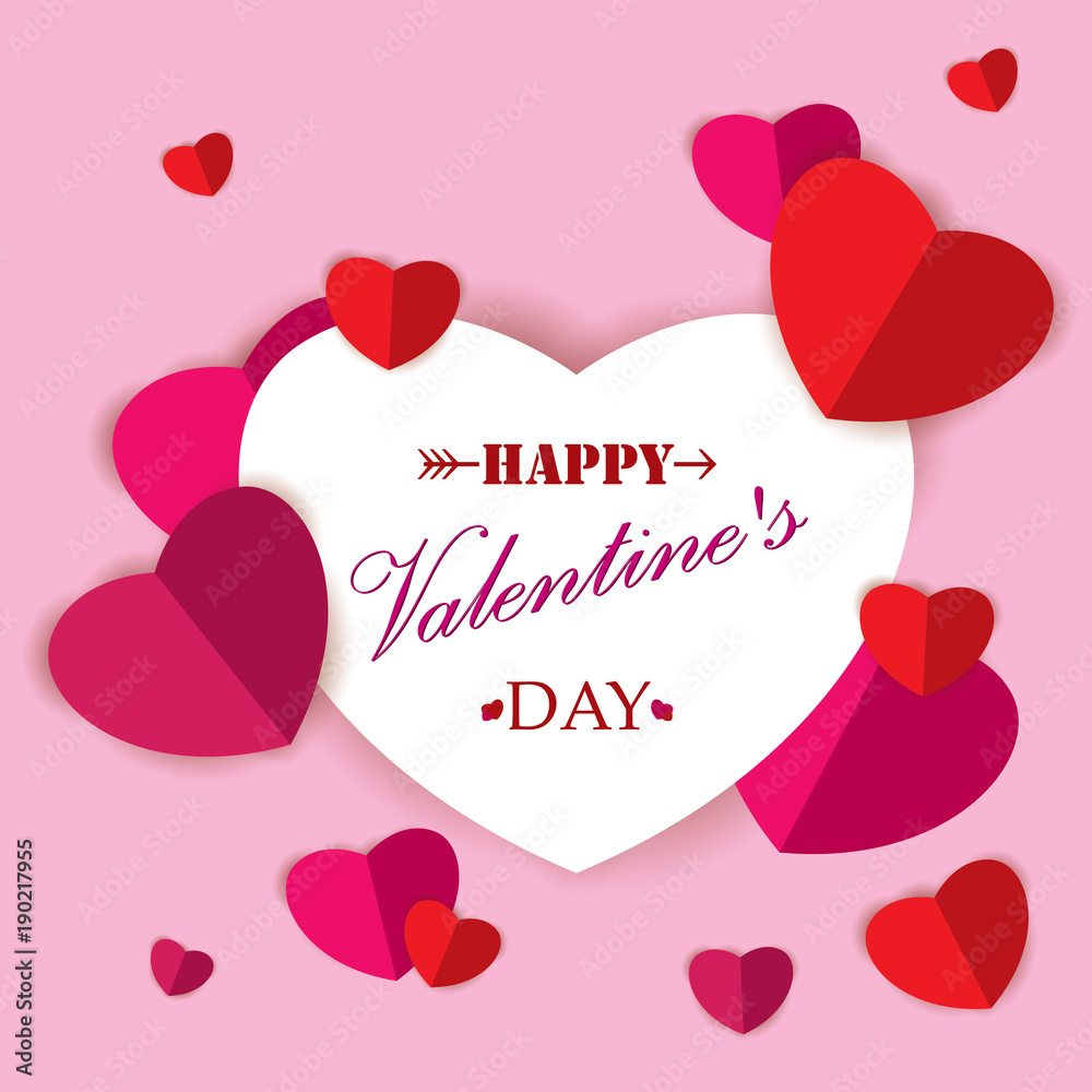 Happy Valentine's Day With Cut Very Colorful Paper Heart On Pink Background.