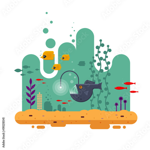 The Angler fish swims on depth among other fish, the colorful underwater world with seawood and sand - flat vector illustration