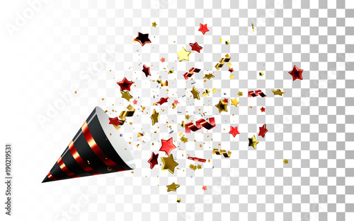 Golden party popper with exploding confetti glitters.