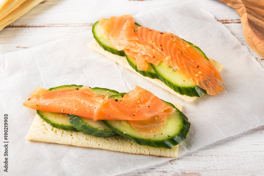 Gluten Free Crispbread, Cucumber Slices and Smoked Salmon Gluten Free Crispbread, Cucumber Slices and Smoked Salmon