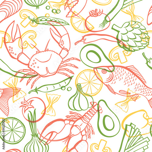 cook7 Vector hand drawn seafood and vegetables pattern. Seamless pattern.