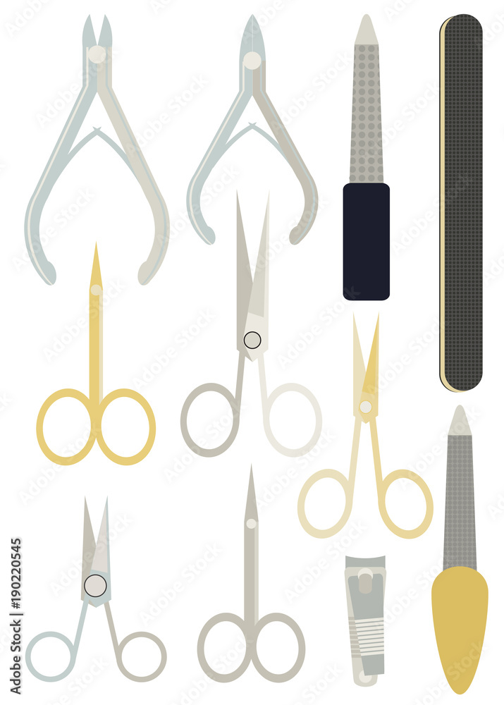 A collection set vector of manicure accessories - nail files, manicure tools, nail scissors, tweezers, nail polish, sticks. hand cream, nail polish remover, brush. A collection set vector of manicure accessories - nail files, manicure tools, nail scissors, tweezers, nail polish, sticks. hand cream, nail polish remover, brush.