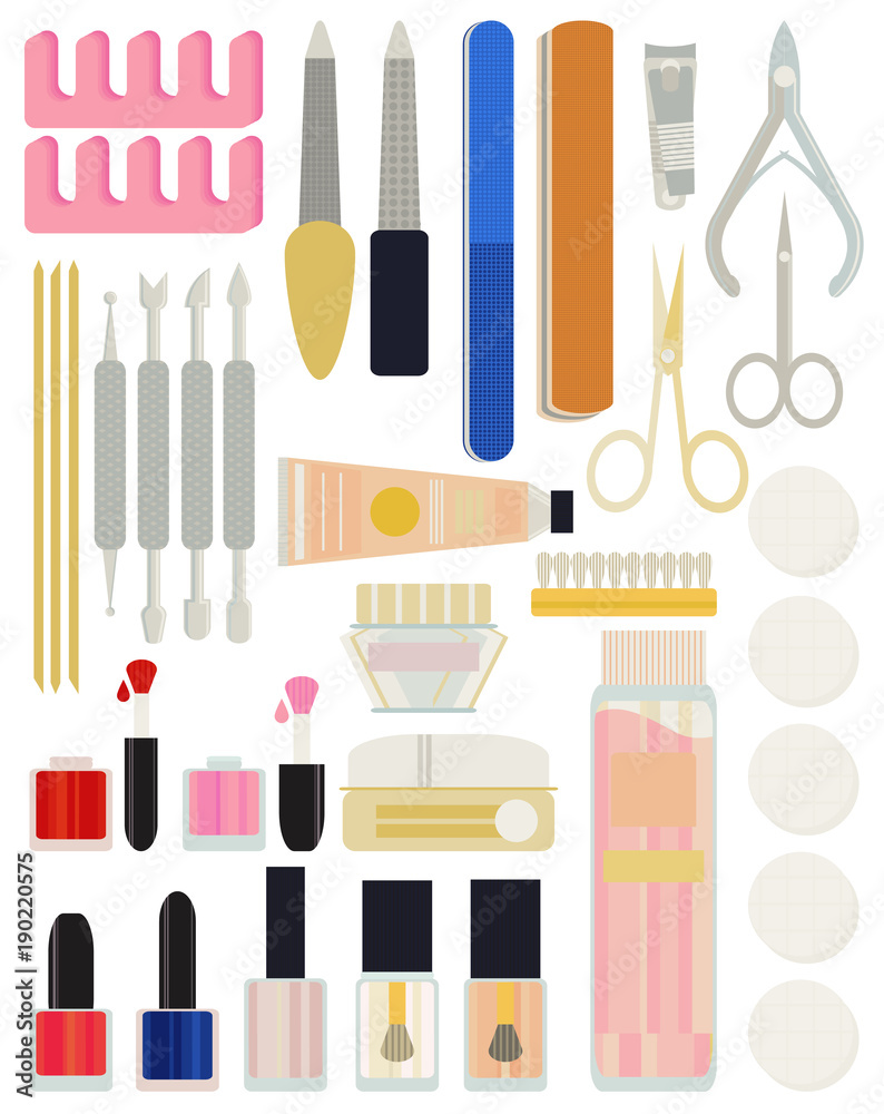 A collection set vector of manicure accessories - nail files, manicure tools, nail scissors, tweezers, nail polish, sticks. hand cream, nail polish remover, brush. A collection set vector of manicure accessories - nail files, manicure tools, nail scissors, tweezers, nail polish, sticks. hand cream, nail polish remover, brush.