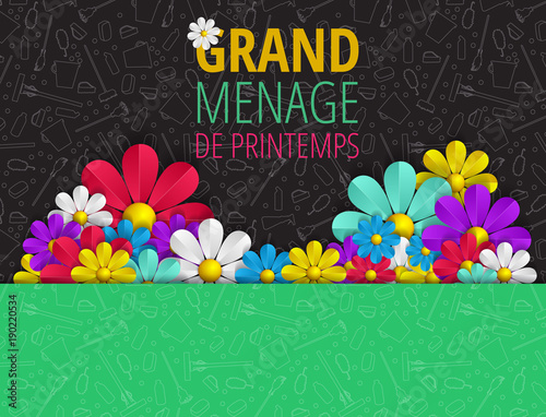 Spring cleaning with set of cleaning supplies and tools pattern. Spring cleaning background. Grand ménage de printemps.