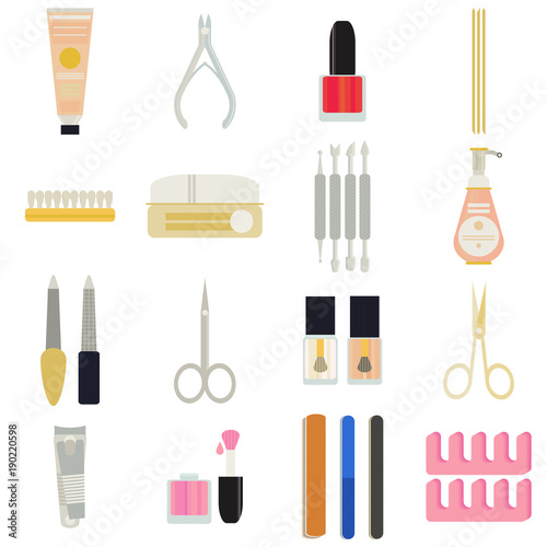 A collection set vector of manicure accessories - nail files, manicure tools, nail scissors, tweezers, nail polish, sticks. hand cream, nail polish remover, brush. 