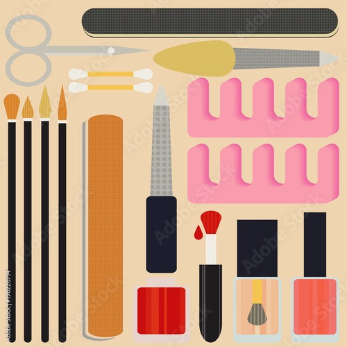 A collection set vector of manicure accessories - nail files, manicure tools, nail scissors, tweezers, nail polish, sticks. hand cream, nail polish remover, brush. 