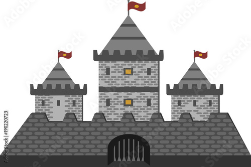 Old fairytale castle with flags. stone fortress. Isolate on white.