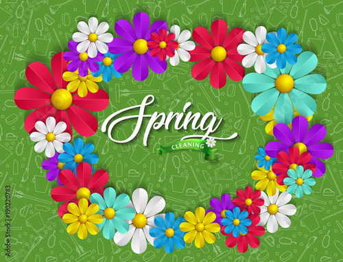 Spring cleaning with set of cleaning supplies and tools pattern. Spring cleaning background. Grand ménage de printemps.