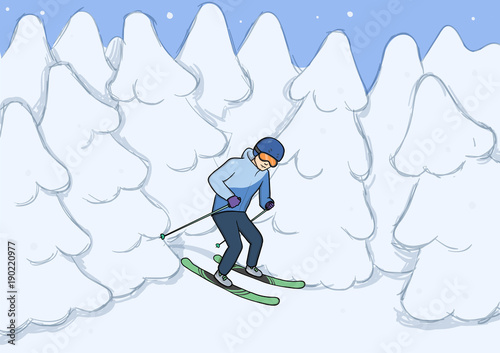 Young man riding on mountain skiing among the snow-covered forest. Winter extreme sport, freeride. Vector illustration.