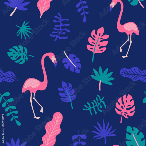 Summer exotic floral tropical palm leaves, flamingo background. Vector abstract memphis seamless pattern. Plant flower nature wallpaper.
