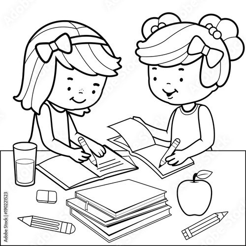 Student girls doing their homework. Vector black and white coloring page.