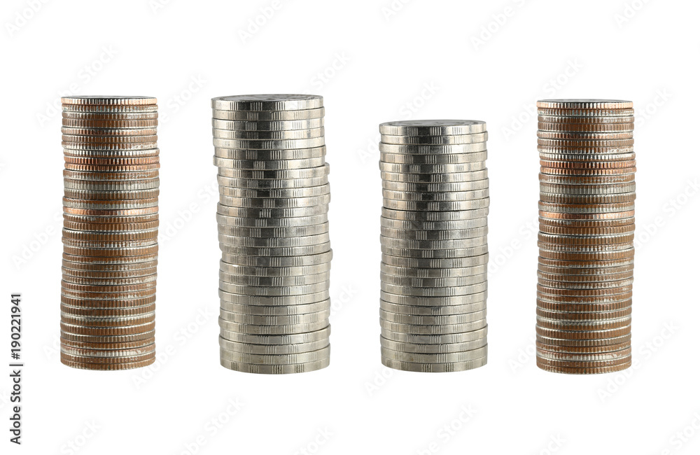 Row of coins stack isolated on white background. Row of coins stack isolated on white background.