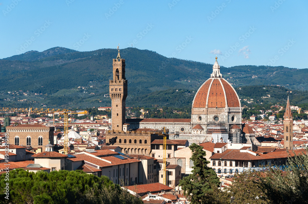 Beautiful panoramic view of the Cathedral of Santa Maria del Fiore and Palazzo Vecchio in Florence