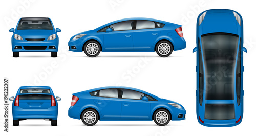 Blue car vector mock up for advertising, corporate identity. Isolated template of the car on white background. Vehicle branding mockup. Easy to edit and recolor. View from side, front, back, top.