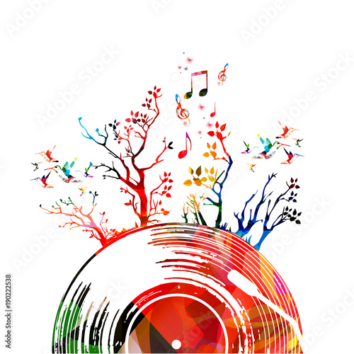 Colorful music poster with vinyl record and trees. Music elements for card, poster, invitation. Music background design vector illustration