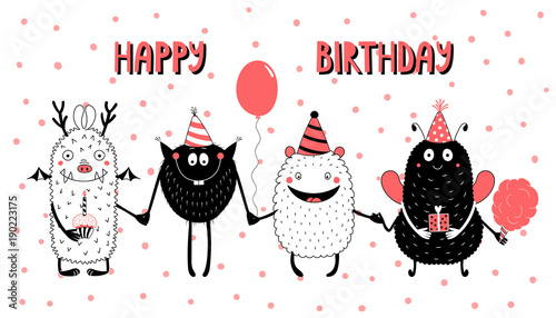 Hand drawn birthday card with cute funny monsters in party hats, smiling and holding hands, with typography. Vector illustration. Isolated objects. Design concept for children, birthday celebration.