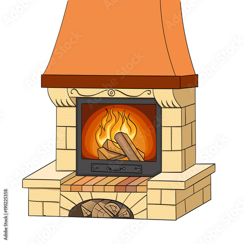 Object on white background vector. A brick fireplace burns a tree. Works and heats. The background is red.