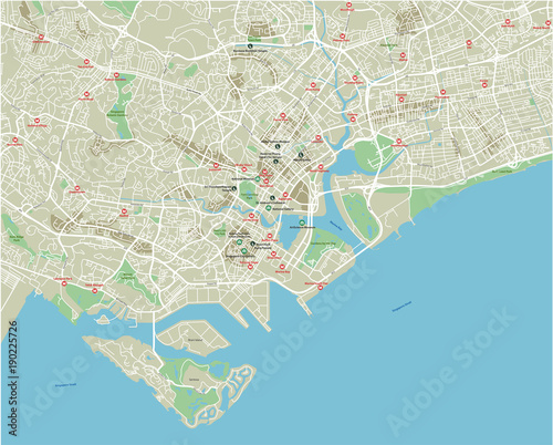Vector city map of Singapore with well organized separated layers.