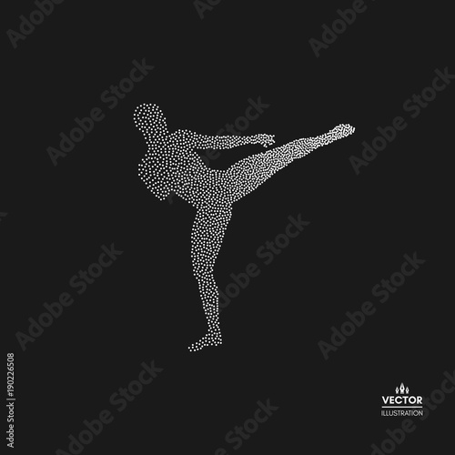 Kickbox fighter preparing to execute a high kick. Silhouette of a fighting man. Dotted silhouette of person. Vector illustration.