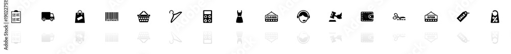 Fototapeta premium Shopping icons - Black horizontal Illustration symbol on White Background with a mirror Shadow reflection. Flat Vector Icon.
