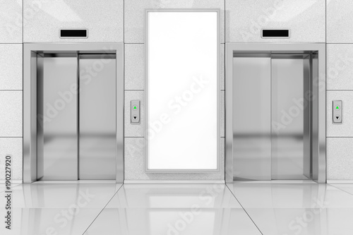 Blank Ad Billboard or Poster near Modern Elevator or Lift with Metal Doors in Office Building. 3d Rendering