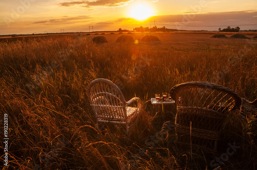 Two wicker chairs and a tray with glasses of wine amid the fields at sunset. Beautiful countryside. The expanse of fields rest on a farm, outside the city.
