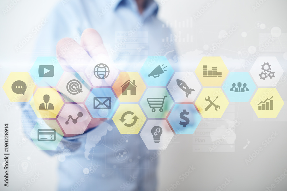 Colored applications icons and graphs on virtual screen. Business, internet and technology concept. Colored applications icons and graphs on virtual screen. Business, internet and technology concept.