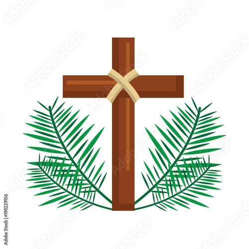 sacred cross religious with frond branches vector illustration