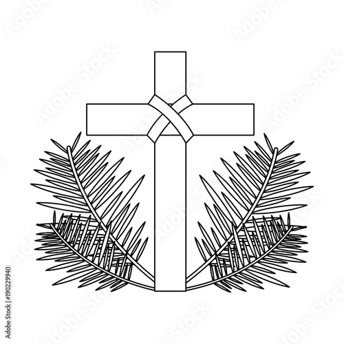 sacred cross religious with frond branches vector illustration outline design