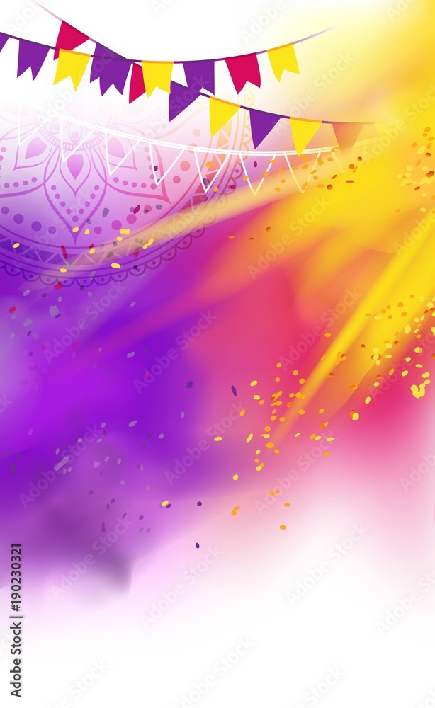 Happy Holi colorful background with realistic powder paint clouds and  decorative flags. Purple and yellow powder paint. Vector illustration Stock  Vector | Adobe Stock