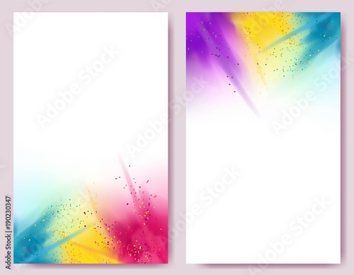 Realistic colorful paint powder explosions on white background. Happy holi abstract designs. Vector illustration