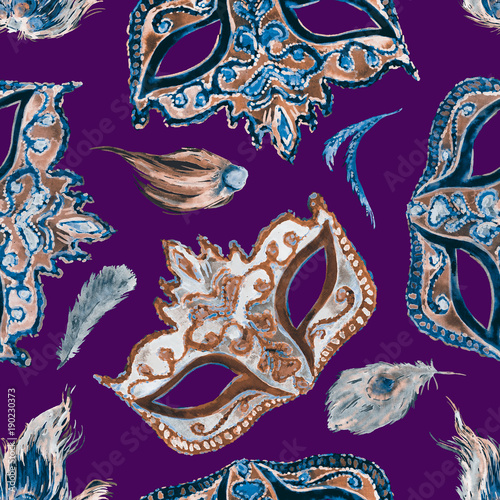 Blue and white carnival mask with golden decoration and gemstones,  feathers on dark purple background, seamless pattern design, hand painted watercolor illustration