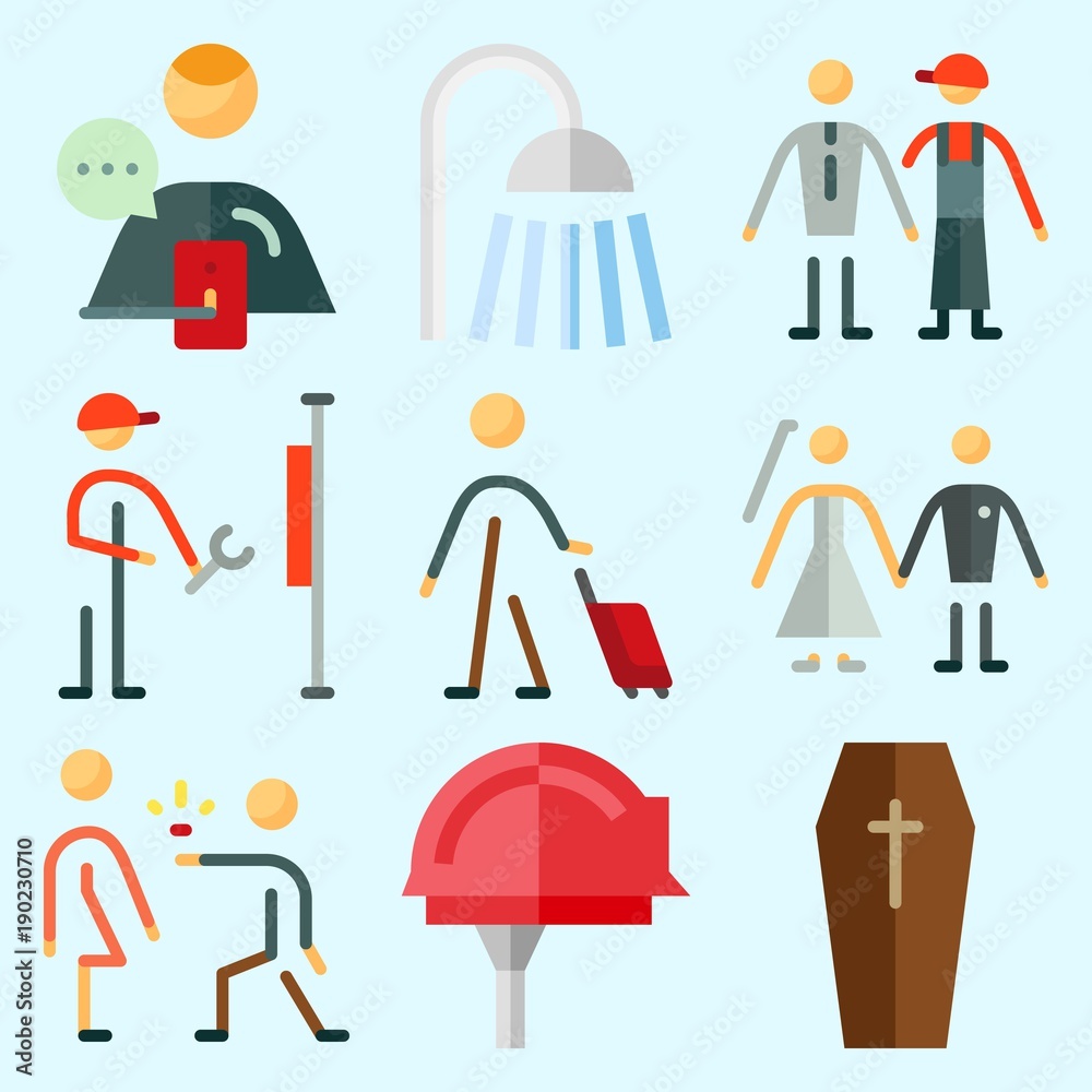 Icons set about Human with couple, repereter, coffin, reperation, frienship and worker Icons set about Human with couple, repereter, coffin, reperation, frienship and worker