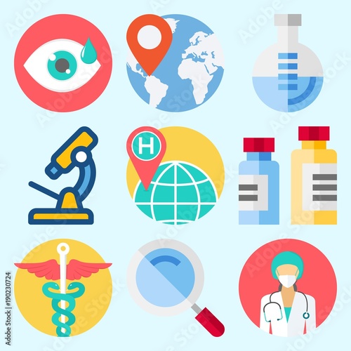 Icons set about Medical with visibility, microscope, medicine, pharmacy, loupe and worldwide