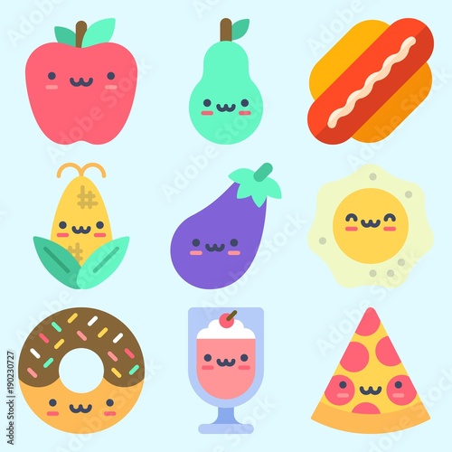 Icons set about Food with milkshake, apple, pizza, eggplant, corn and pear
