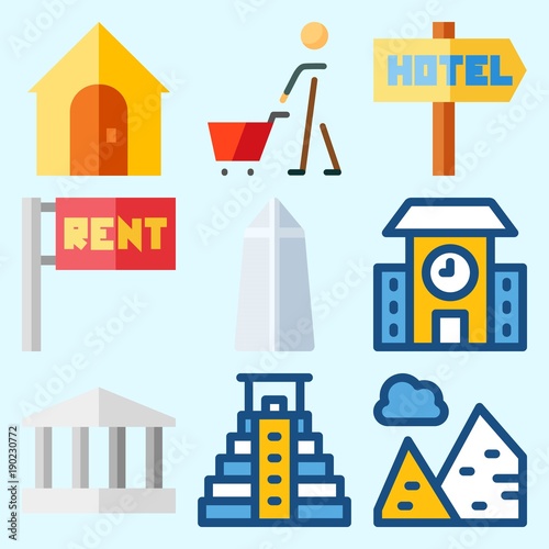 Icons set about Construction with real estate, school, hotel, shopping, washington monument and for rent
