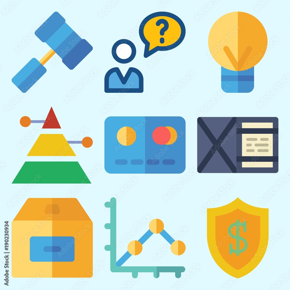 Icons set about Business with pyramid, user, line graph, shield, idea and credit card Icons set about Business with pyramid, user, line graph, shield, idea and credit card