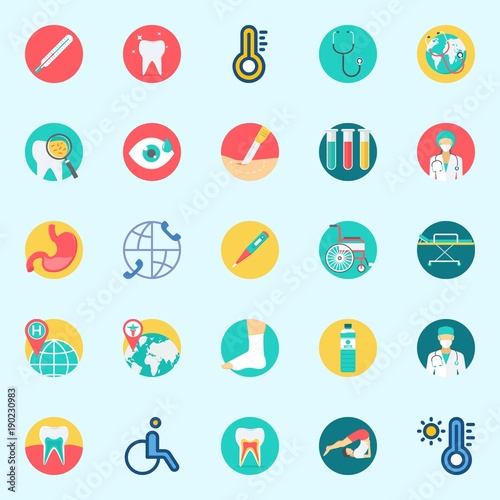 Icons set about Medical with sprain, tooth, stomach, yoga, teeth and stethoscope