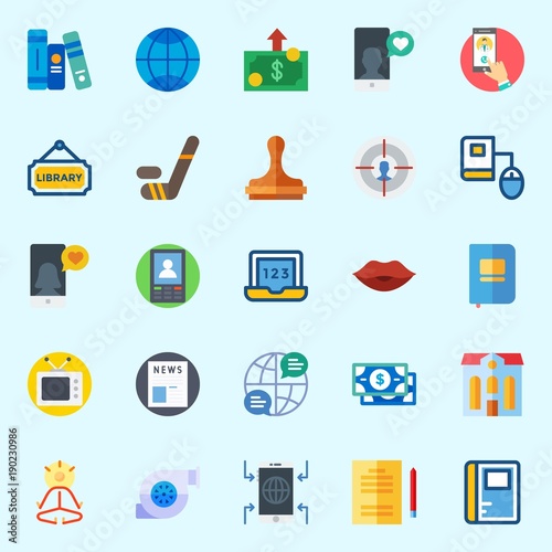 Icons set about Lifestyle with hockey, paper work, laptop, money, online education and television