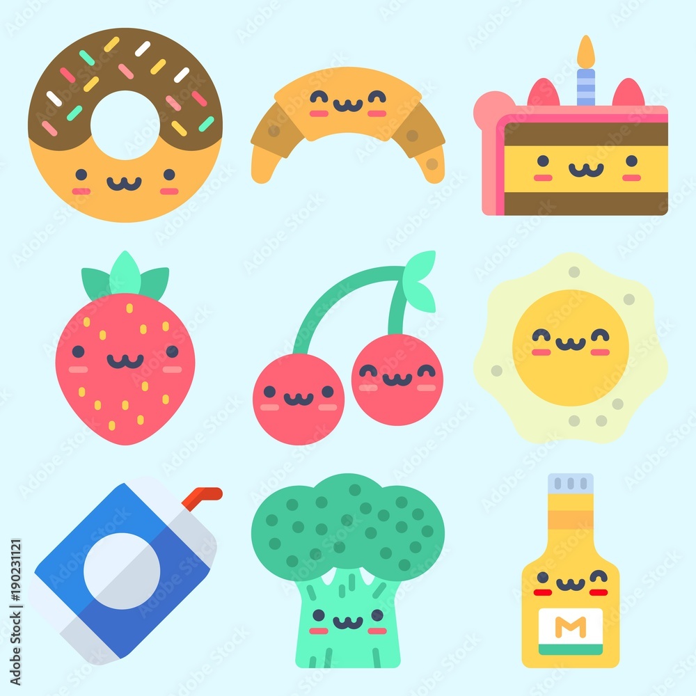 Icons set about Food with croissant, cherry, fried egg, broccoli, cake and mustard