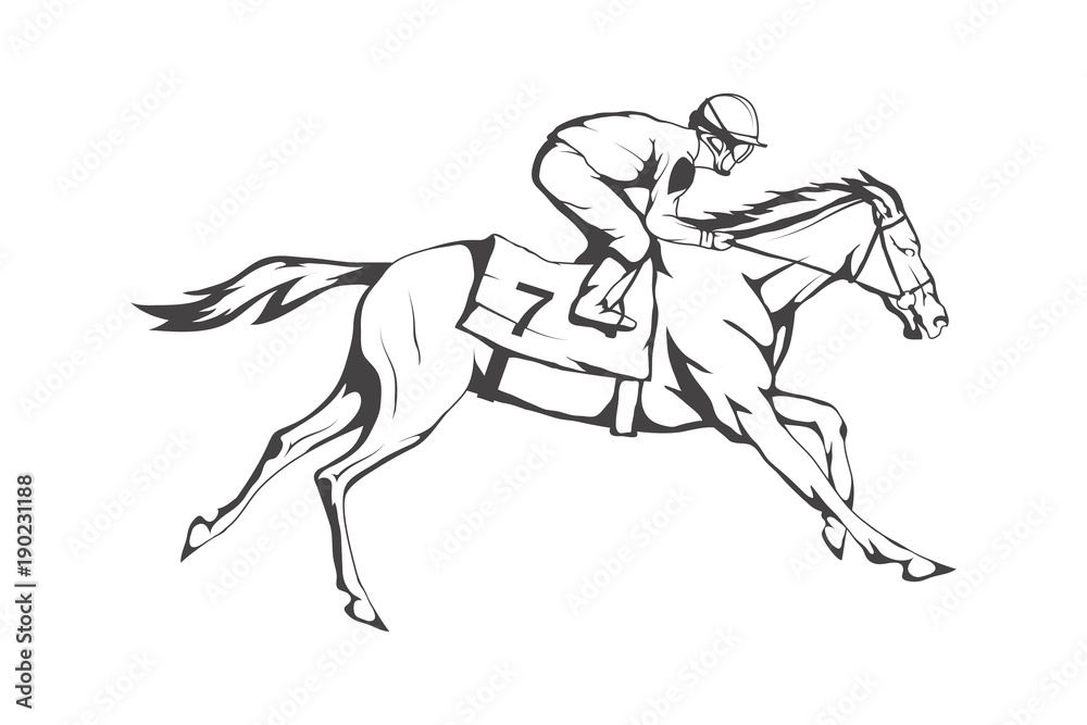 Horse racing. Jockey on racing horse running to the finish line. Race course