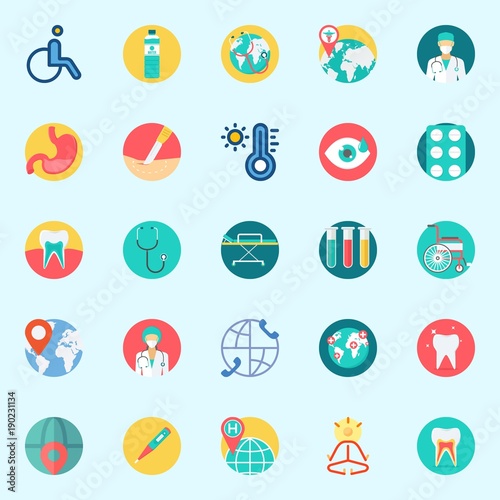 Icons set about Medical with tablets, teeth, stretcher, worldwide, yoga and wheelchair