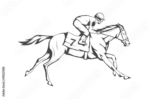 Horse racing. Jockey on racing horse running to the finish line. Race course