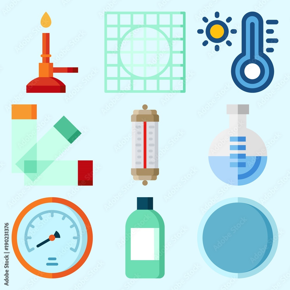 Icons set about Laboratory with flask, thermometer, watch glass, velocity, jar and lab Icons set about Laboratory with flask, thermometer, watch glass, velocity, jar and lab