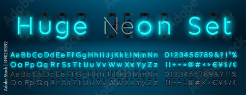 Mega huge neon set glowing alphabet with upper and lowercase letters, vector Font. Glowing text effect. On and Off lamp. Neon Numbers and punctuation marks. isolated on blue background. photo