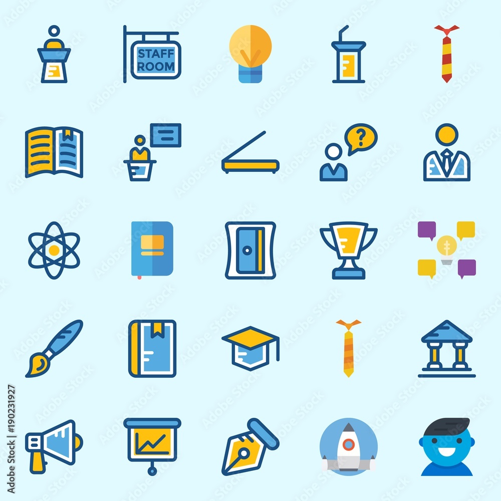 Icons set about School And Education with megaphone, lecture, physics, paint brush, startup and user Icons set about School And Education with megaphone, lecture, physics, paint brush, startup and user