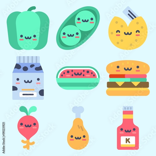 Icons set about Food with chicken leg, milk, ketchup, fortune cookie, pea and radish
