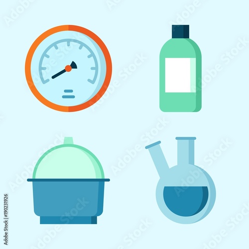Icons set about Laboratory with flask, crucible, jar and velocity