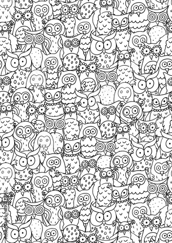 Vertical pattern with funny cartoon different owls.