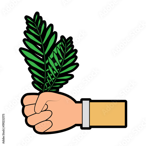 hands holding leaves palm traditional vector illustration